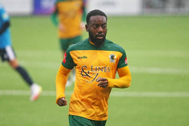 Horsham's Eddie Dsane was in the thick of the action - missing a penalty and rifling home an equaliser - in Tuesday's defeat to Enfield Town. Picture by Derek Martin Photography and Art