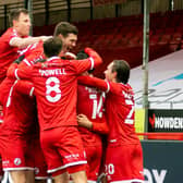 Crawley Town celebrate a goal against Leeds United in the famous win last year