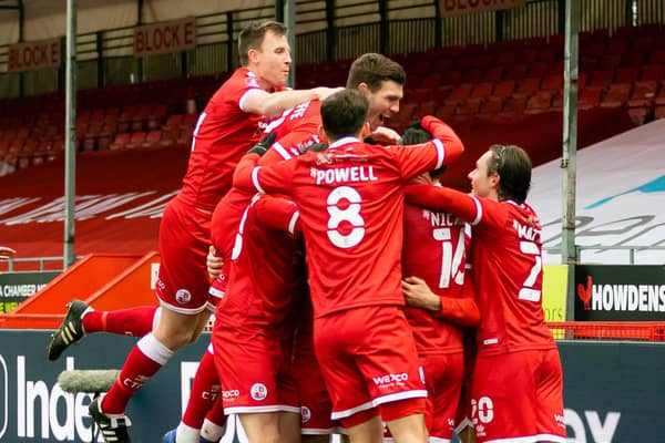 Crawley Town celebrate a goal against Leeds United in the famous win last year