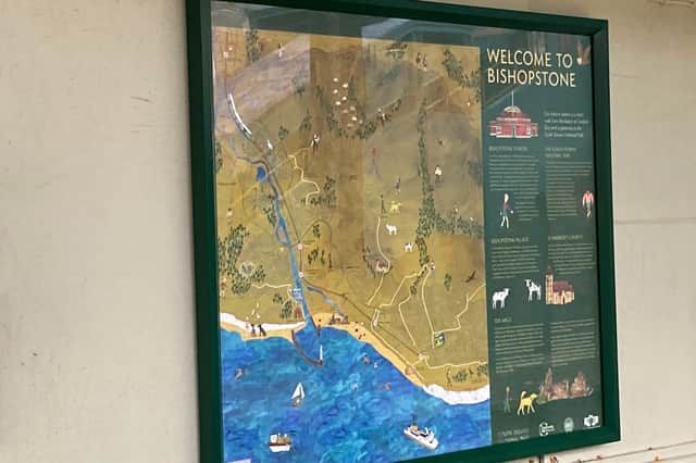 The illustrated map on the platform at the railway station shows travellers a range of nearby leisure pursuits from walking, cycling and horse-riding to swimming, sailing and sunbathing.
