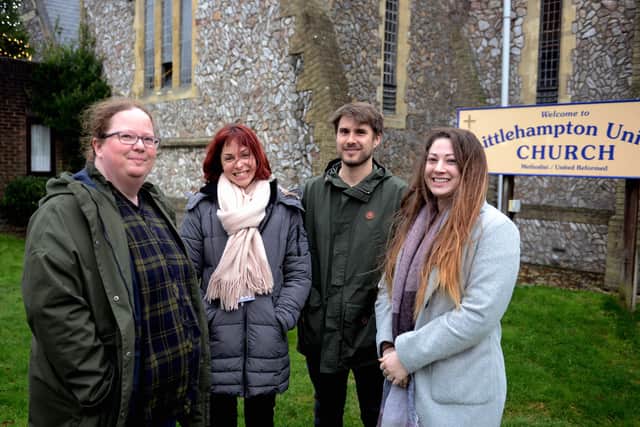 Richard Erdelyi, Turning Tides’ Littlehampton service manager, with, from left, Catherine Hill, Jade Marsland and Hannah Madden at Littlehampton Community Hub in 2019, the year they started serving Christmas Day dinner. Picture: Kate Shemilt ks190672-2