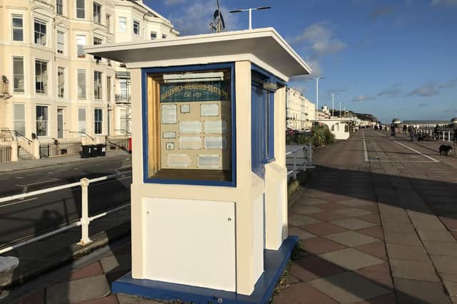 Hastings weather kiosk, on the seafront just to the west of the pier. Hastings Borough Council’s volunteer meteorologists record the weather in the town every single day of the year.