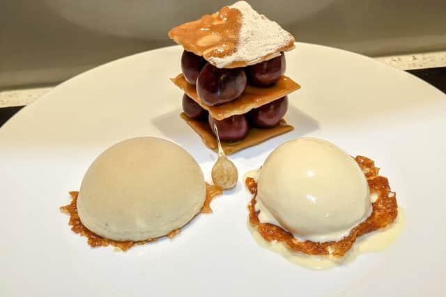 My attempt at a Tom Kerridge dessert: caramelised white chocolate parfait, orange nougat and tuiles, poached cherries and salted almond ice cream, with a caramel-dipped hazelnut