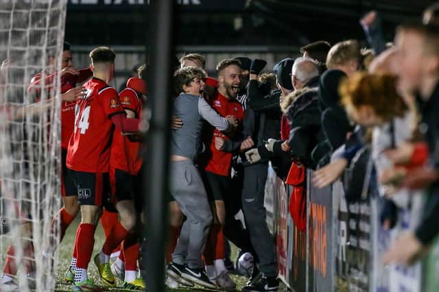 Celebrations as Eastbourne Borough beat Hungerford came hours before eight directors resigned, throwing the club into turmoil / Picture: Andy Pelling