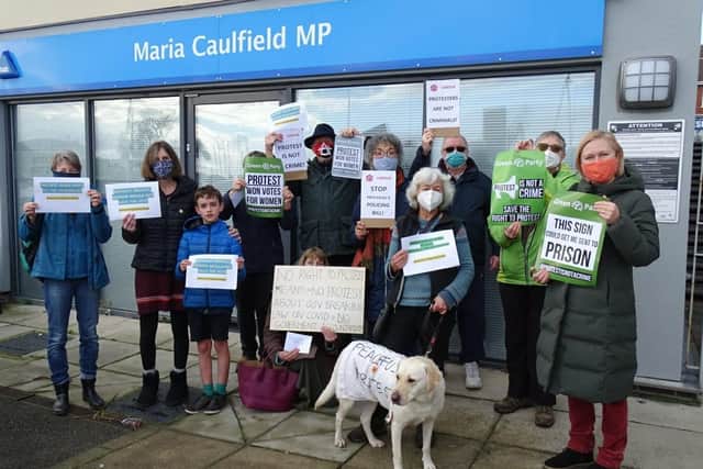 The protesters, which included Labour Party and EU unity Seahaven members, delivered personal letters calling for Maria Caulfield to stand up for the fundamental democratic right to take part in peaceful protest