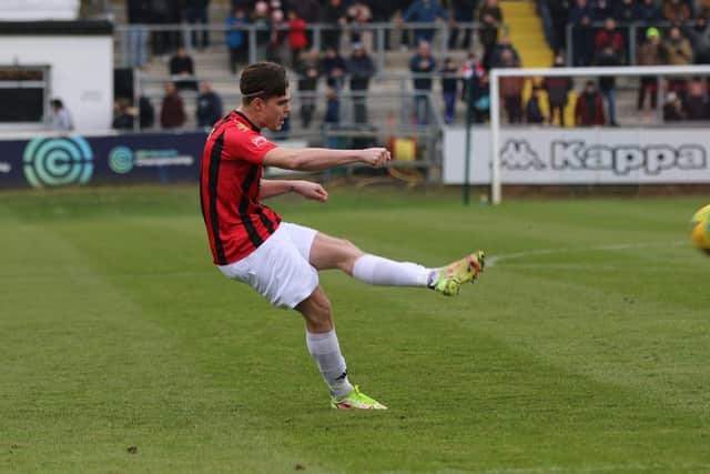 Tanner takes the kick.. Picture: James Boyes