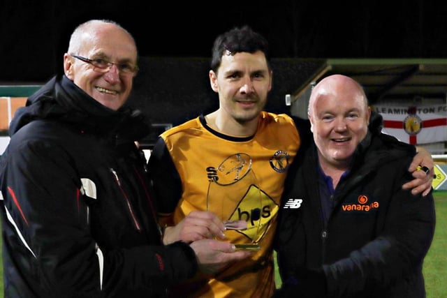 Chairman Jim Scott and manager Paul Holleran congratulating James Mace on his 407th appearance for Leamington, a new club record