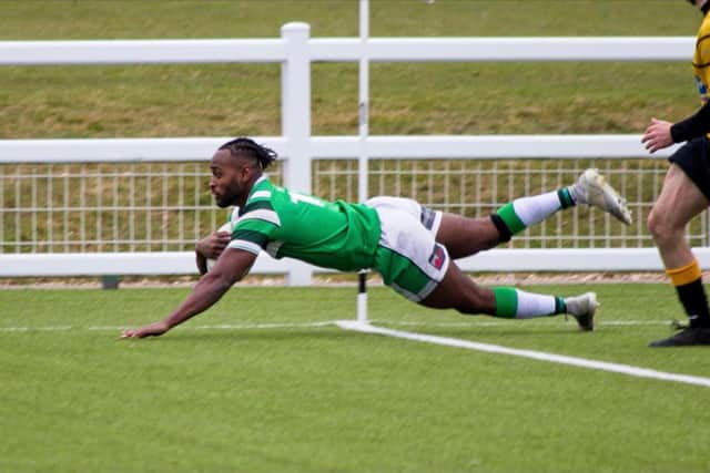 Declan Nwachukwu goes over for his ninth try of the season