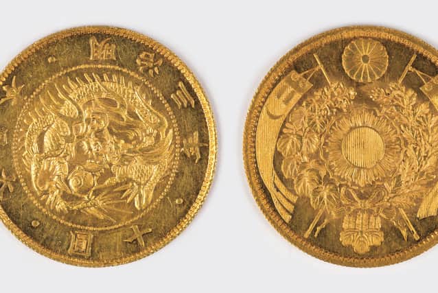 The obverse and reverse of the record-breaking Japanese Meiji ten yen, year-three pattern gold coin from 1870. Photograph: Toovey's