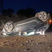 This overturned car was spotted near Bolney on the A272 in the early hours of Friday morning (January 21). Picture: Eddie Mitchell.