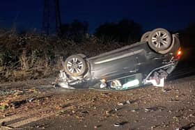 This overturned car was spotted near Bolney on the A272 in the early hours of Friday morning (January 21). Picture: Eddie Mitchell.