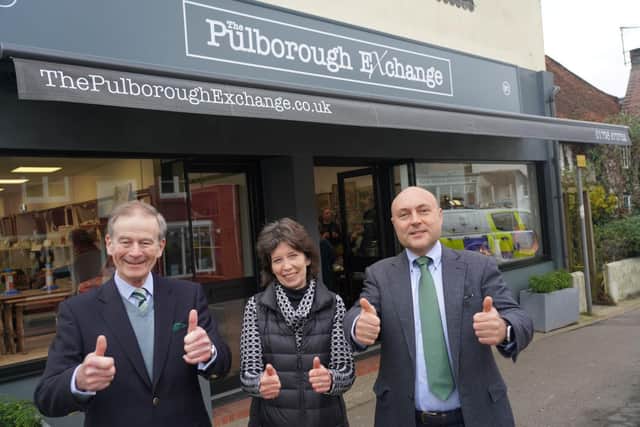 Elizabeth Hunt, Director of The Pulborough Exchange, Ian Hare, Chairman of Pulborough Parish Council, and Andrew Griffith MP.