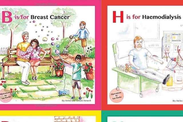 Two of Anita and Simon Howell's children's books, which explain breast cancer and kidney failure.