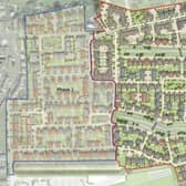 Phase one in blue, phase two of the New Monks Farm development is outlined in red