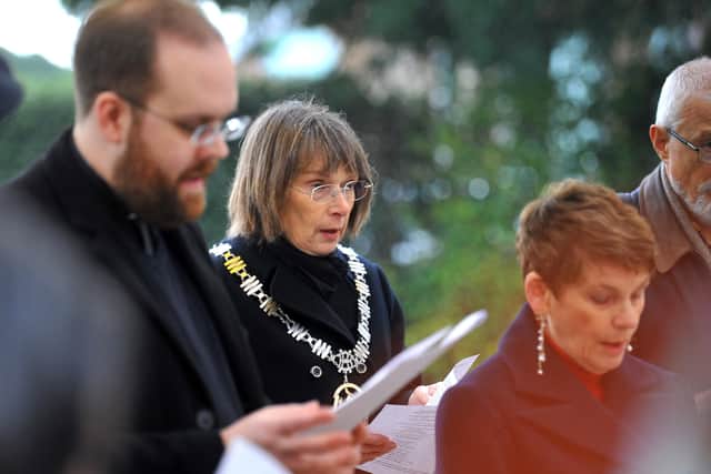 Burgess Hill town mayor Anne Eves at the Holocaust Memorial Day 2022 in Haywards Heath.  Picture: Steve Robards, SR2201271.