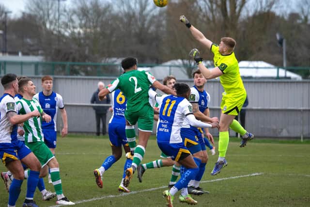 Goalmouth action from the Chichester City v Haywards Heath match at Oaklands Park / Picture: Neil Holmes