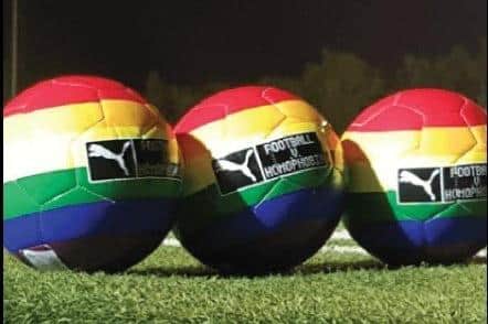Football v Homophobia. Photo from Eastbourne Borough Inclusive Recreational Team. SUS-220102-120646001