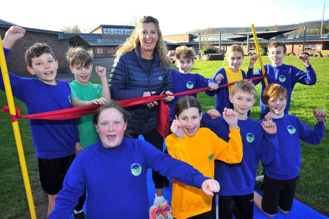 Gold medal Olympian Sally Gunnell OBE visited Steyning CofE Primary School on Monday (January 31) to open its new all-weather running track. Picture by Steve Robards