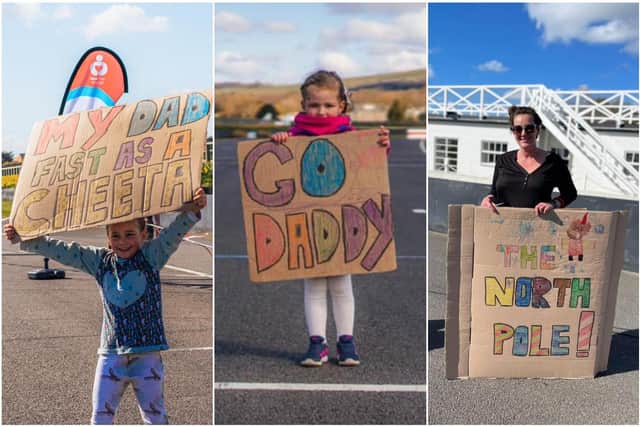 Seth's daughters, Primrose and Lettie, and wife, Verity, cheering him on during his 26.2 marathon training day at Goodwood Motor Circuit