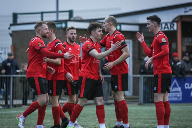 Eastbourne Borough players celebrate after Joel Rollinson scores what proved the only goal against Hemel Hempstead / Picture: Andy Pelling