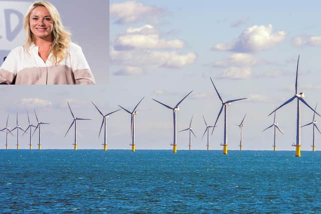 Eastenders actress Tamzin Outhwaite, inset, was informed about the Rampion wind farm plan during a visit to West Sussex in December. (Photos courtesy of Jeff Spicer/Getty Images + Rampion)