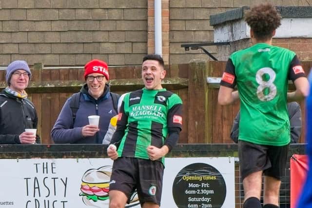 Burgess Hill Town's Martyn Box celebrates his goal - the winner - against Whitehawk / Picture: Chris Neal