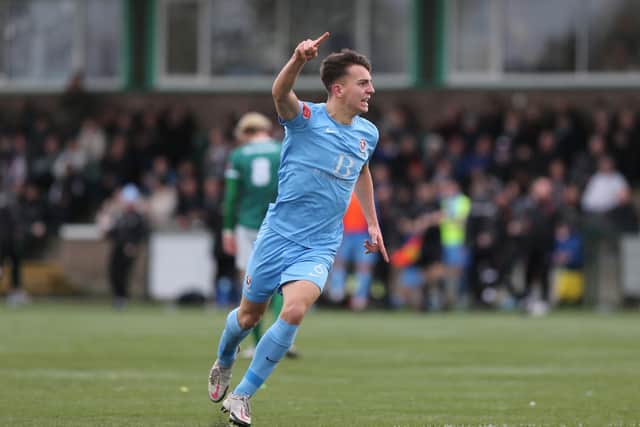 Tom Chalmers salutes his early Hastings goal at Ashford / Picture: Scott White