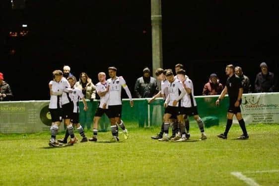 Bexhill Utd celebrate one of the five goals that saw off Little Common at The Polegrove / Picture: Joe Knight