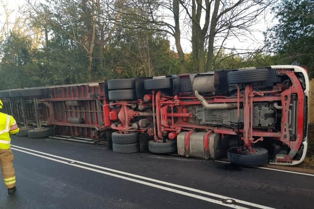 Lorry tips over on the A21 north of Hastings. Pic: Sussex Roads Police.