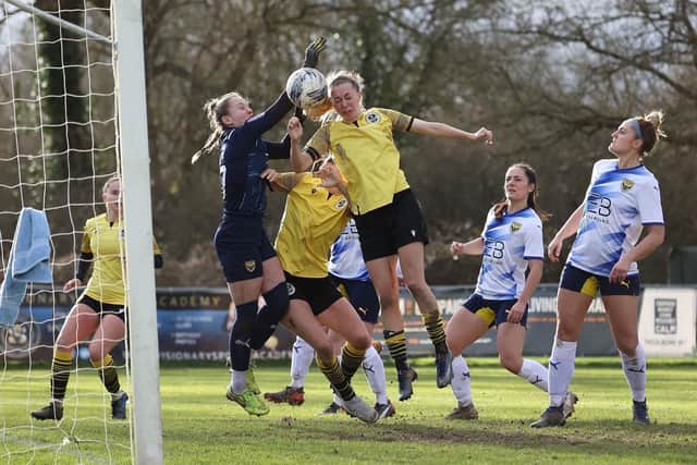 Tash Stephens heads in from Naomi Cole’s free-kick