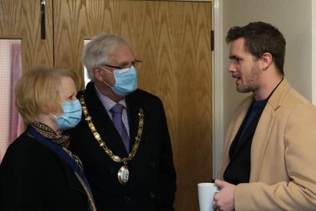 The Mayor and consort chat with Colin Hill from Computers for Kids. Picture: Haywards Heath Town Council.