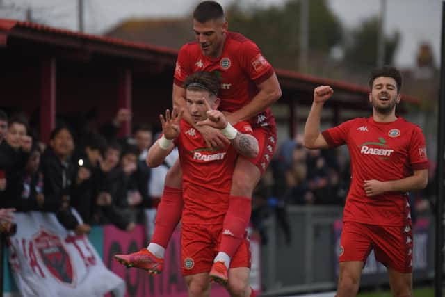 Worthing celebrate Jasper Pattenden's goal against Wingate / Picture: Marcus Hoare