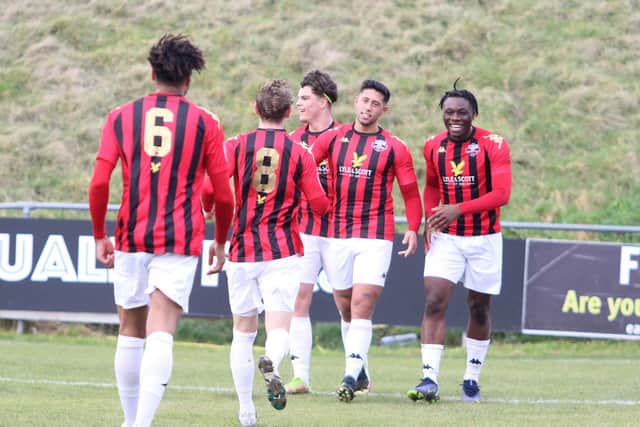 Lewes celebrate a goal versus East Thurrock / Picture: Angela Brinkhurst