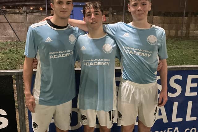 Harvey Wenham, Cavan Gratwick and Zack Mongan after a 5-1 win against Mid Sussex