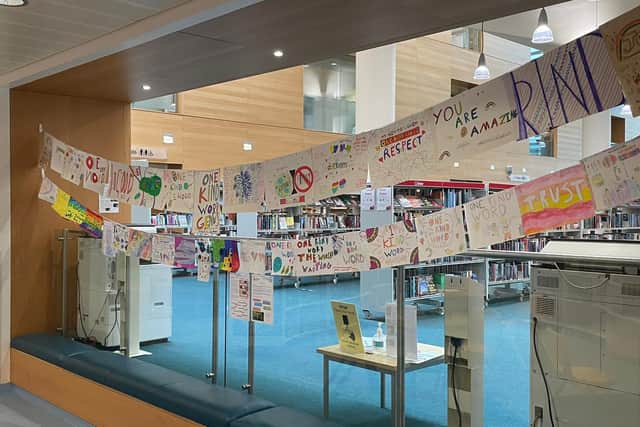 More of the brilliant kindness posters on display at Jubilee Librarary. The posters were created for children's charity Safety Net's One Kind Word competition