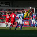 Jack Powell's free kick is saved in the early stages against Hartlepool United. Picture by Jamie Evans/UK Sports Images Ltd