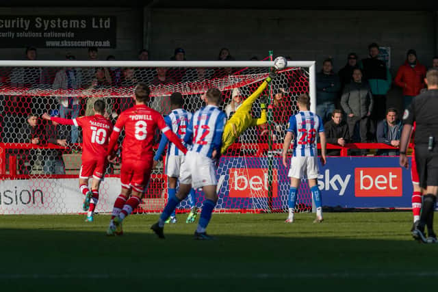 Jack Powell's free kick is saved in the early stages against Hartlepool United. Picture by Jamie Evans/UK Sports Images Ltd