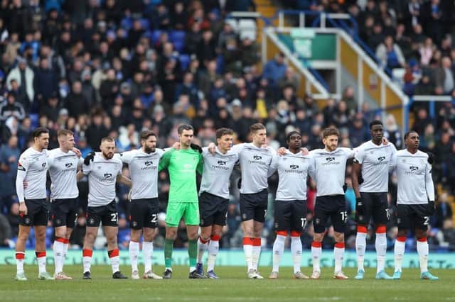Luton's players line up at St Andrew's on Saturday