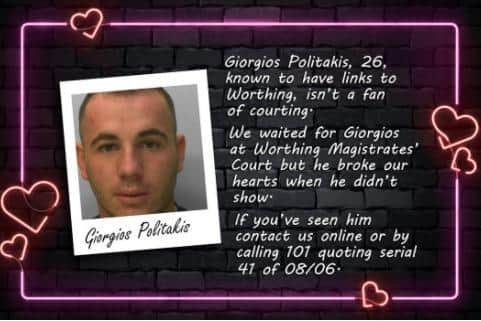 Giorgios Politakis, 26, is wanted by police for failing to appear at court. Photo: Sussex Police