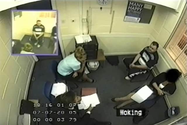 Surrey Police CCTV images dated 7/7/2005 of Levi Bellfield being interviewed by police officers over the murder of Milly Dowler.