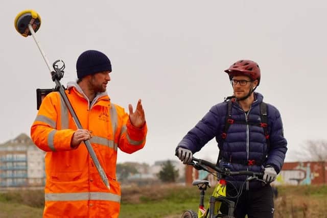 Seb Tucknott with contractor Ollie McKenna, a local rider who volunteered his time to do a topographic survey