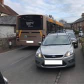 Pictures taken last week show vehicles mounting the pavement to avoid collisions on The Street in Walberton. Campaigners fear the situation will worsen if the estimate of an additional 1,300 additional vehicles proves true when the bypass is built. Photo: Pete Nichols  SUS-220216-110414001