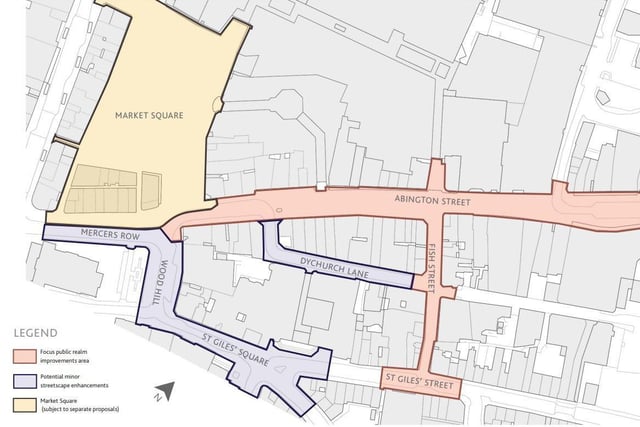 The area of Northampton included in the proposal. Abington Street and Fish Street are earmarked for public realm improvements. The areas in blue are outlined for minor streetscape improvements and the Market Square is part of a separate proposal.