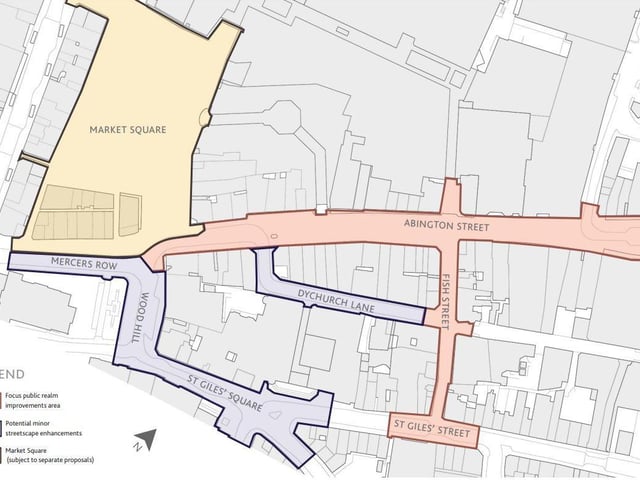 The area of Northampton included in the proposal. Abington Street and Fish Street are earmarked for public realm improvements. The areas in blue are outlined for minor streetscape improvements and the Market Square is part of a separate proposal.
