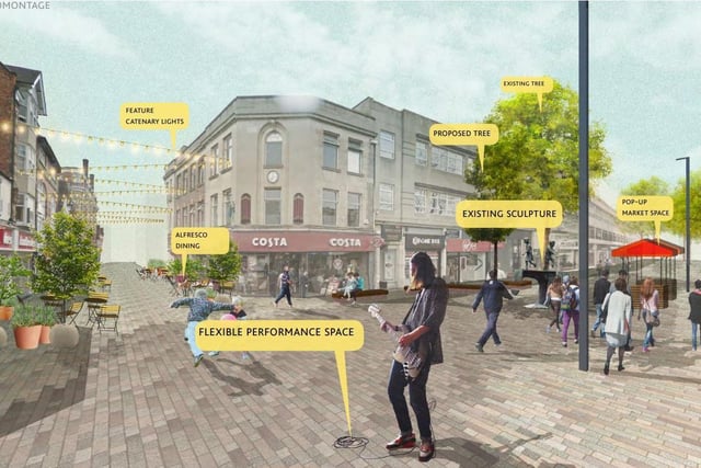 This first proposal for Abington Street titled ‘Dynamic Street’ provides
a vibrant and multi-functional streetscape with a central, meandering
paving pattern, accompanied by pockets of activity zones designed to
encourage longer dwell time, and attracting more shoppers and visitors to
this area,