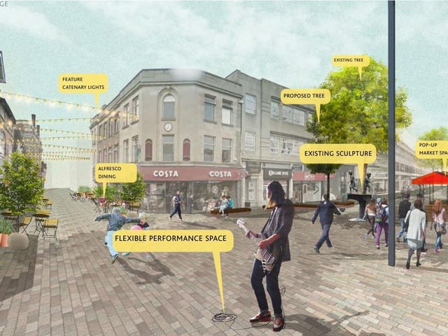 This first proposal for Abington Street titled ‘Dynamic Street’ provides
a vibrant and multi-functional streetscape with a central, meandering
paving pattern, accompanied by pockets of activity zones designed to
encourage longer dwell time, and attracting more shoppers and visitors to
this area,