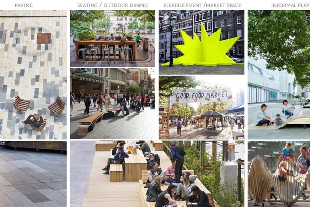 The Illustrative masterplan provides an overview of the proposed
improvements to Abington Street, including the following elements:
• Upgraded paving to match existing palette implemented in the eastern
section of the street in 2014
• Relocated existing public art
• New street furniture, including seats and picnic benches
• Informal play elements
• Flexible event / performance space
• Flexible pop-up spaces / temporary market stalls
• Retained and proposed trees
• Alfresco dining areas
• Feature mural artwork and screens