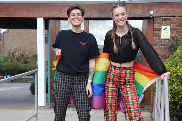 Rylee (left) celebrating LGBTQ+ History Month. Picture by The University of Chichester.