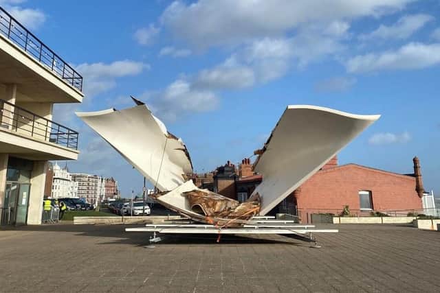 The De La Warr Pavilion Bandstand has been torn apart by the high winds of Storm Eunice. Pic: De La Warr Pavilion.