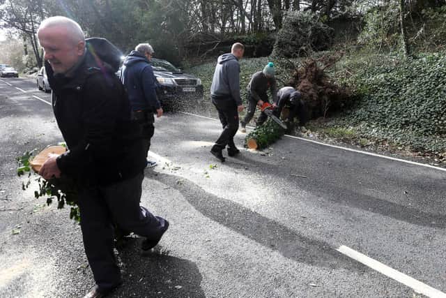 Chichester, West Sussex, UK. Tree down on Kennel Hill, Goodwood due to Storm Eunice. Members of the public in queueing traffic pictured taking action and removing it to open up the road thanks to Steve Christopher from NSF Solutions Ltd. SUS-220218-143425001